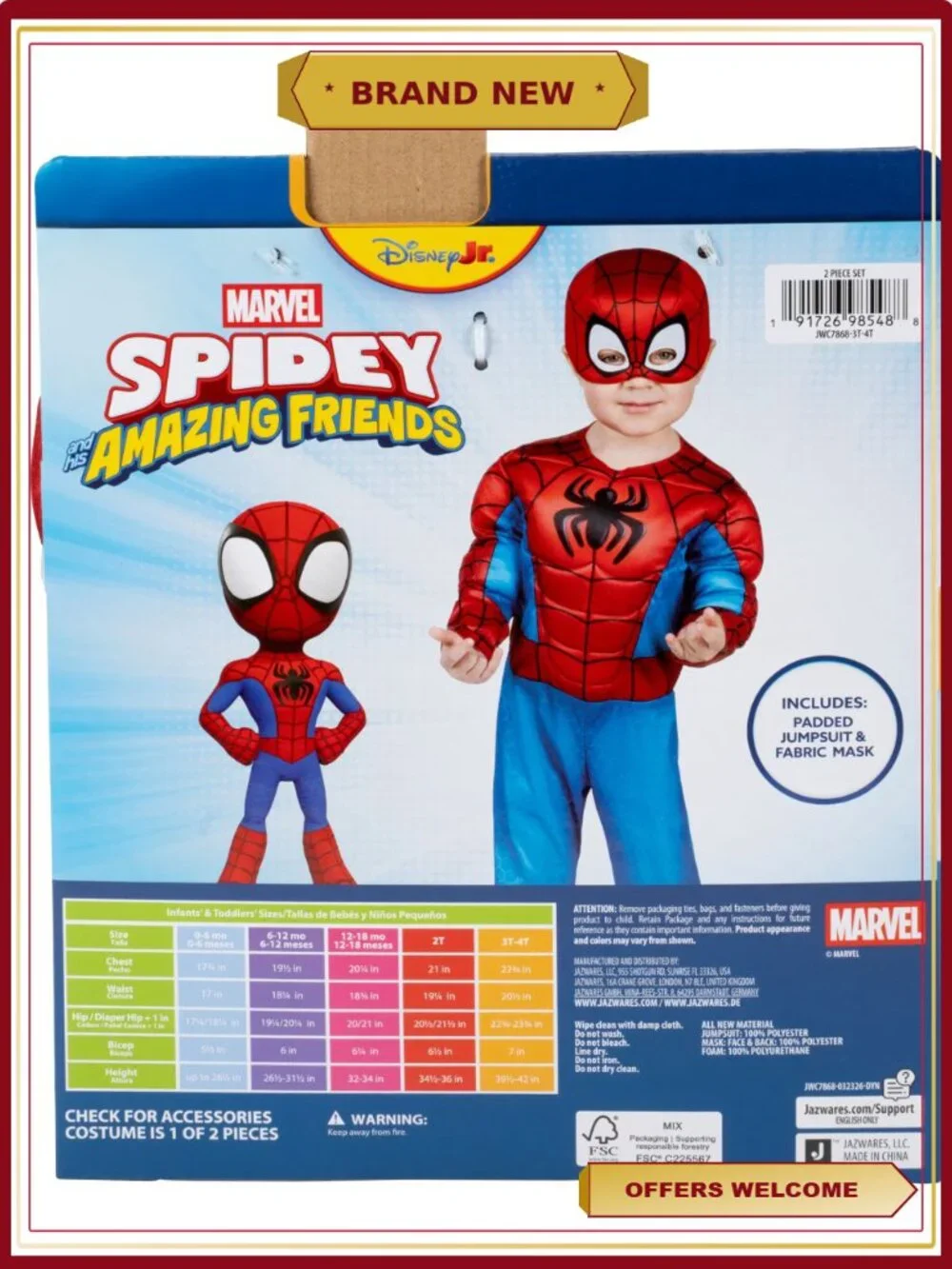 Toddler Halloween Costume Spiderman Jumpsuit with Mask Size 2T